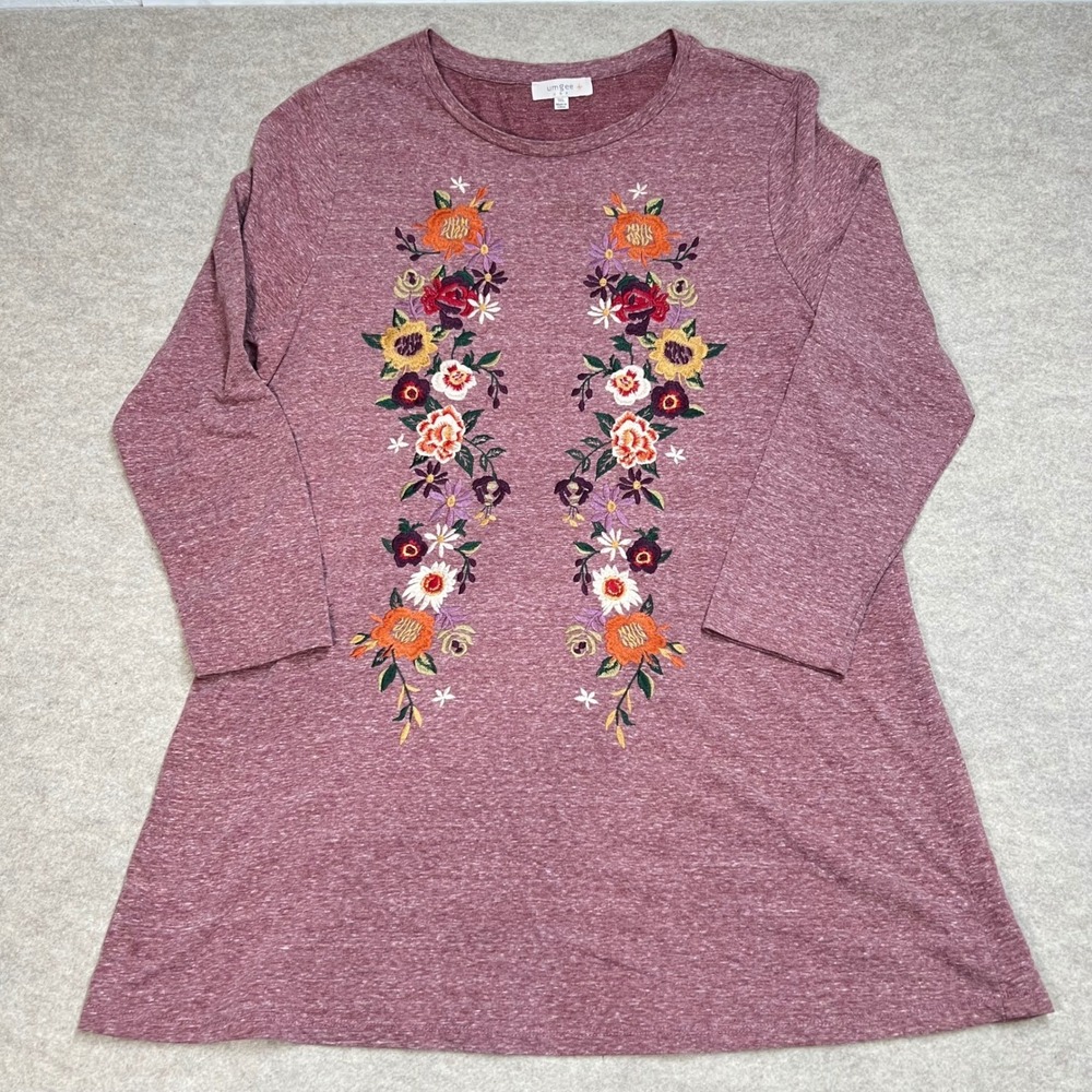 Umgee Plus Size 1XL Floral Embroidered Tunic Top Dress Mauve Pink Festival EUC
